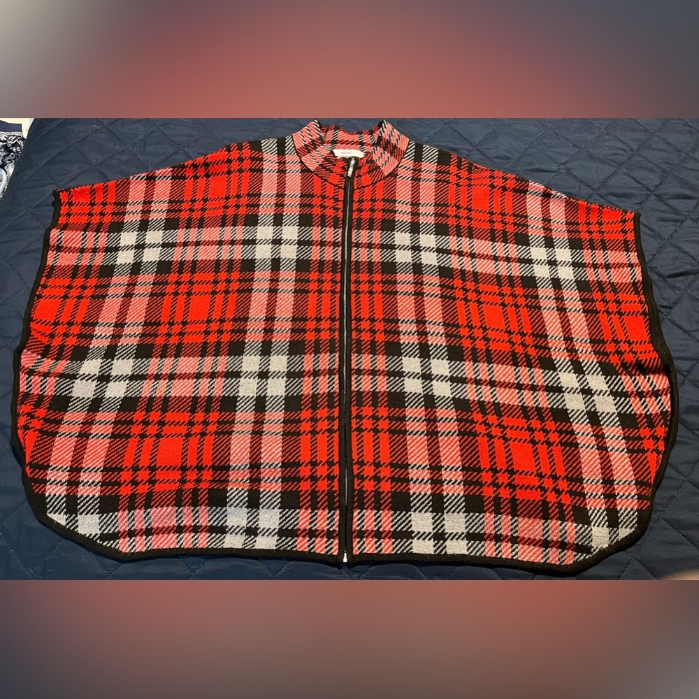 ALIA woman’s red, black, & grey plaid poncho style jacket.